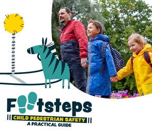 Man walking with two young children holding hands. Footsteps. Child pedestrian safety. A practical guide